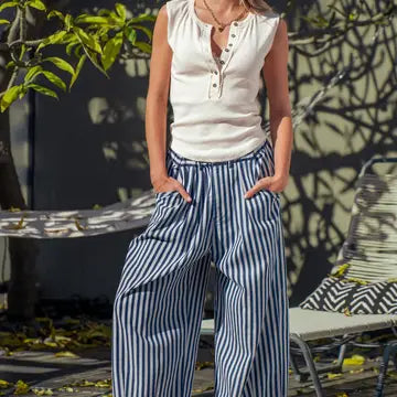 Blue Stripe Wide Leg Crop Pants