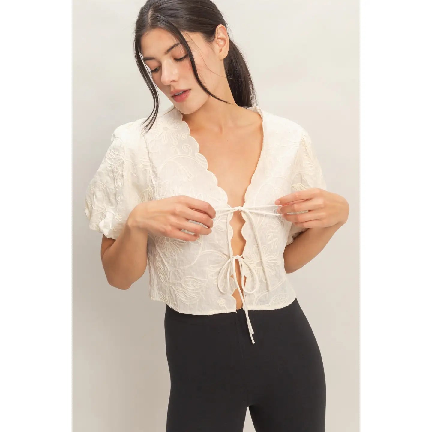 Floral Embroidered Tie Front Top