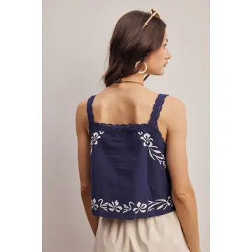 Embroidered Lace Trim Button-Front Tank Top