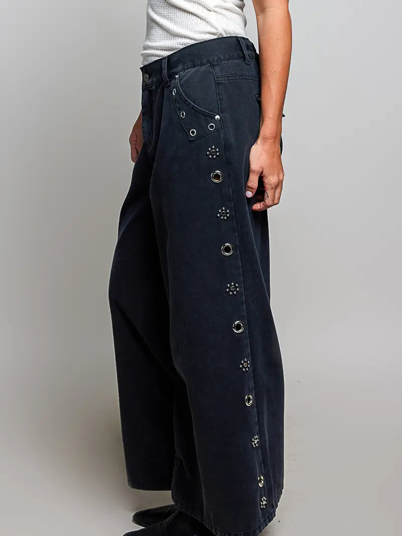 Low Rise Eyelet Studded Wide Leg Street Pants