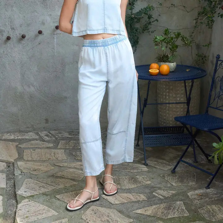 Elastic Waist Washed Denim Pants