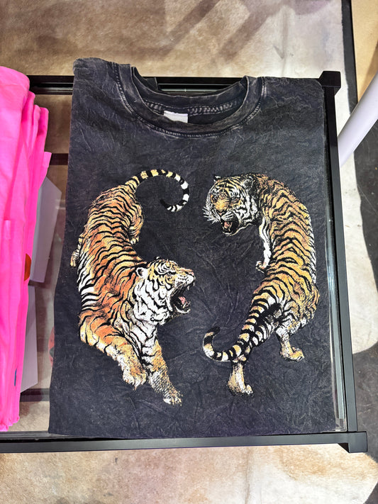 Washed Black Dual Tiger Graphic Tee