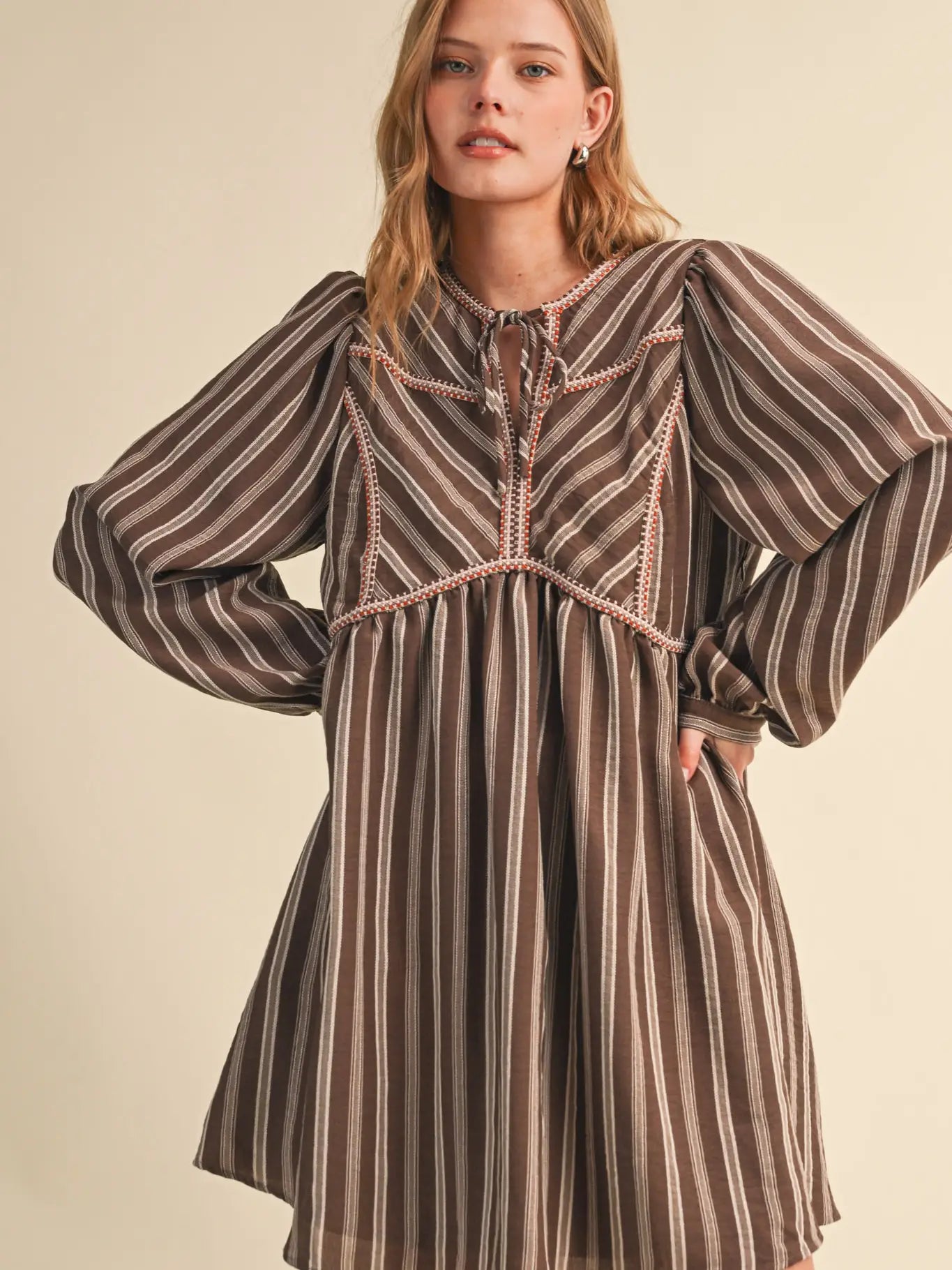 Striped Mini Dress with Contrast Rope Trim