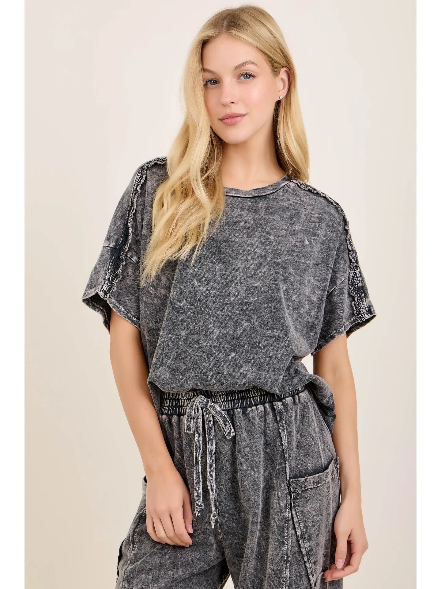 Mineral Washed Trim Detailed Short Sleeve Blouse