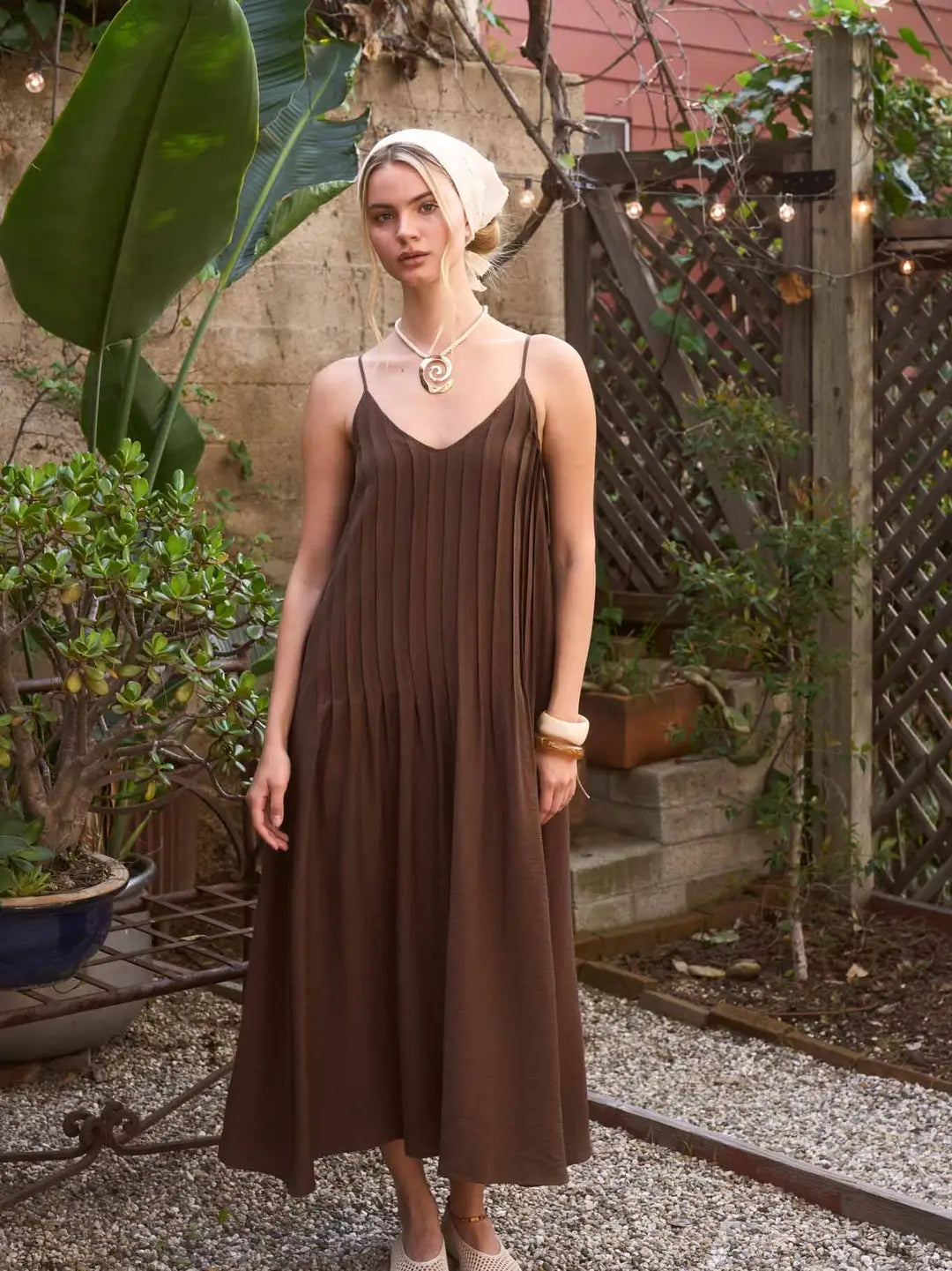Pleated Pintuck Detail Spaghetti Strap Maxi Dress
