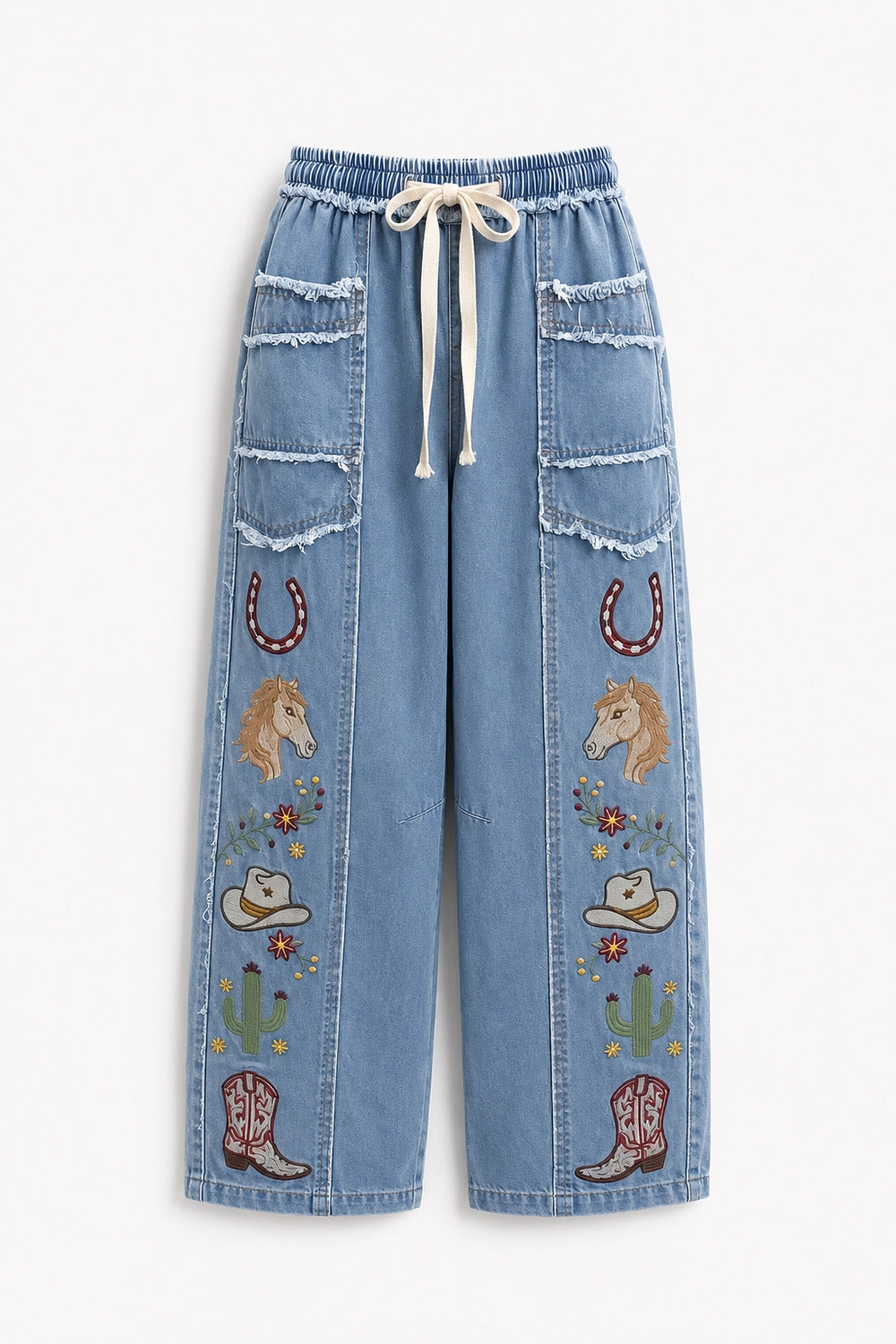 Western Embroidered Tie Waist Pants