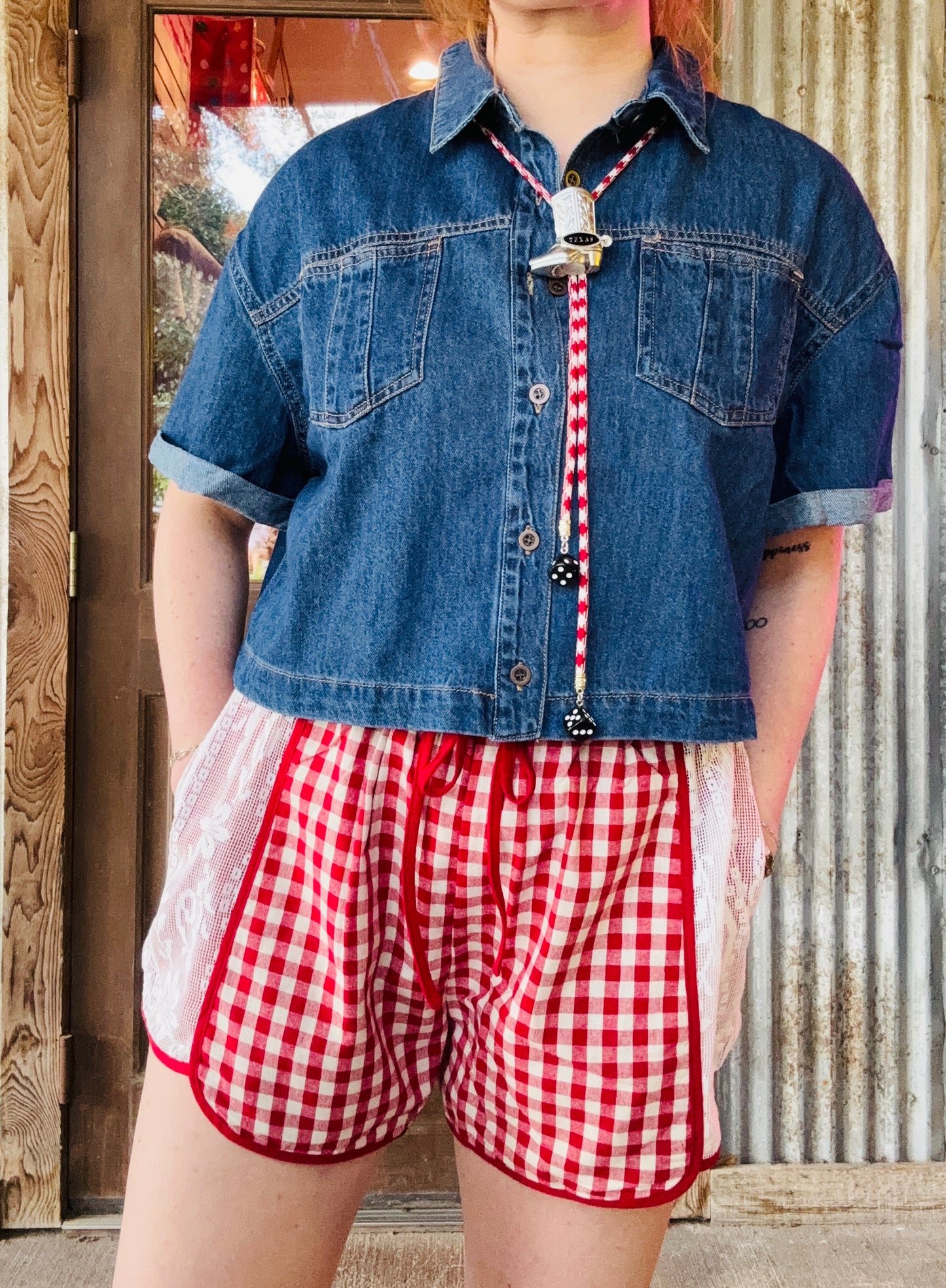 Gingham Shorts with Floral Lace