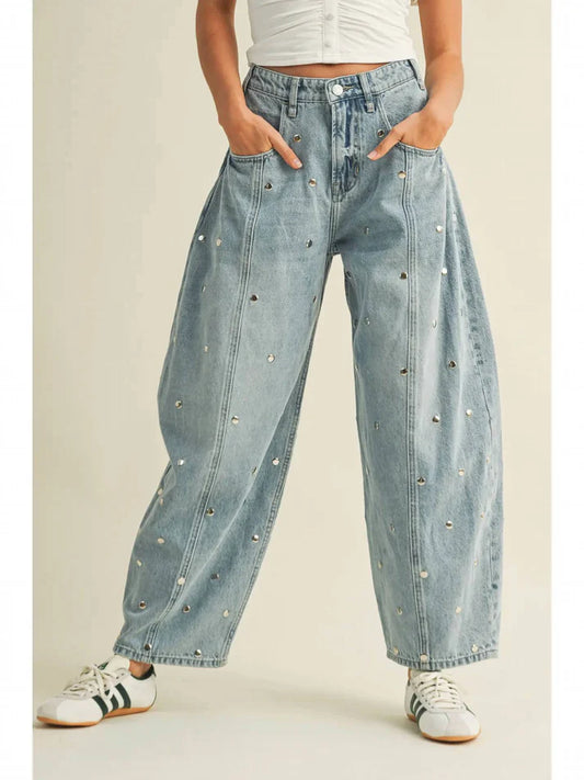 Barrel Denim Pants with Trim
