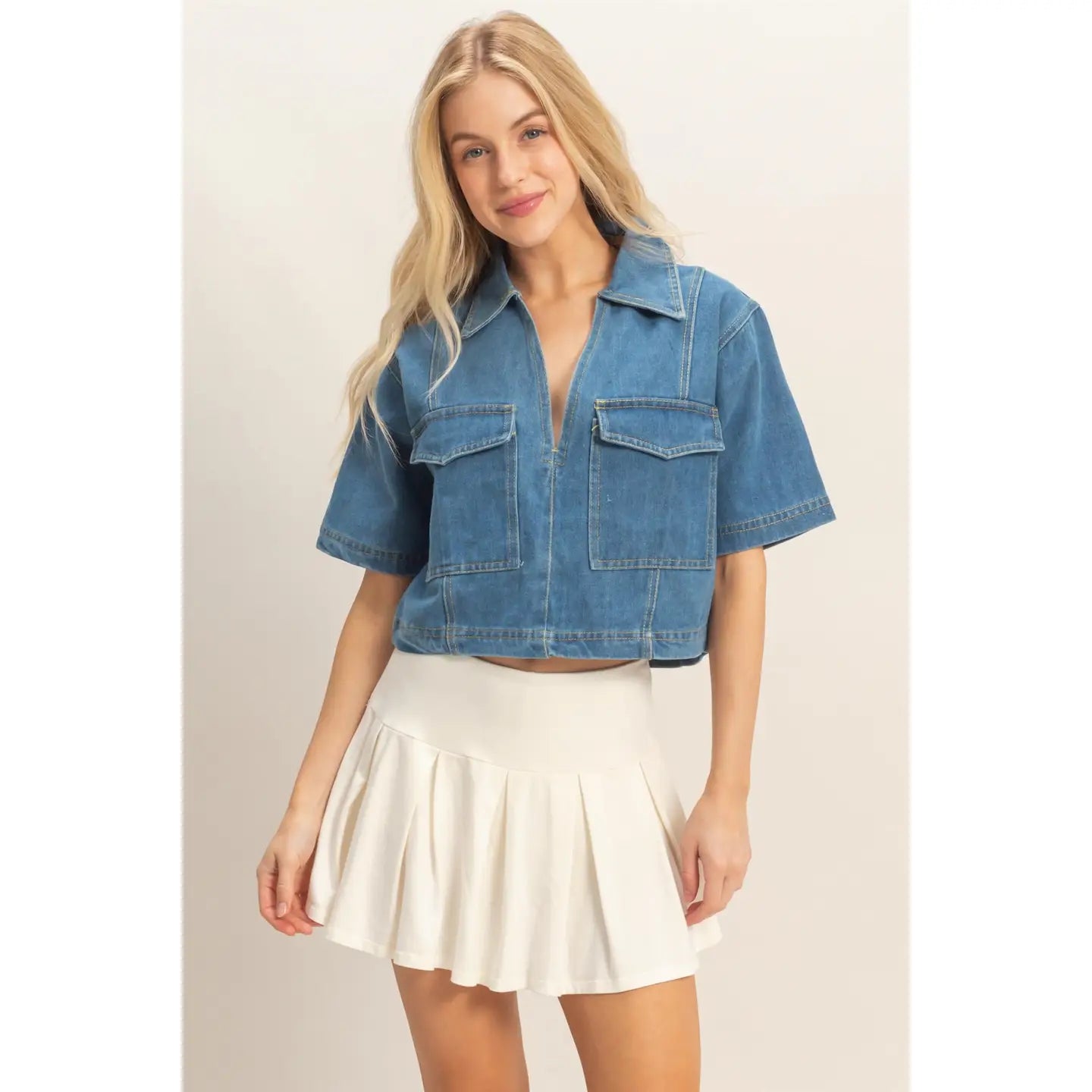 Denim V Neck Cropped Top
