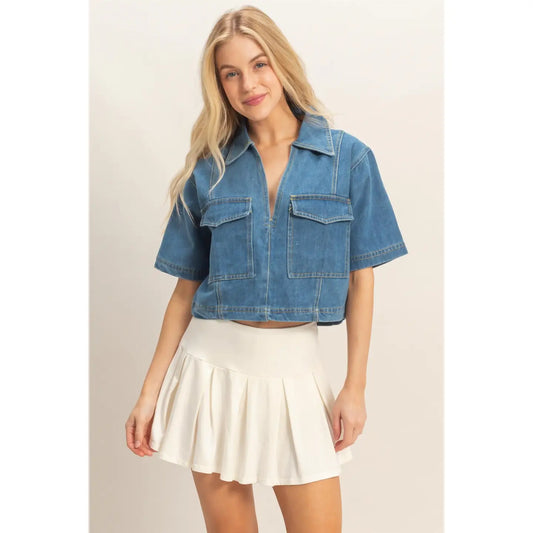 Denim V Neck Cropped Top