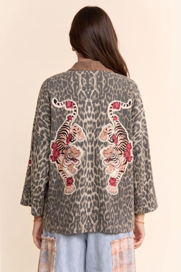 Tiger Embroidered Leopard Kimono Jacket