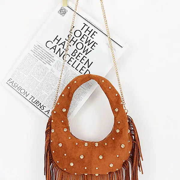Faux Suede Metal Studded Fringe Hobo Bag