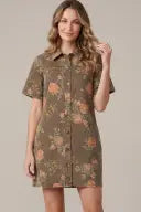 Short Sleeve Floral Print Denim Collared Dress