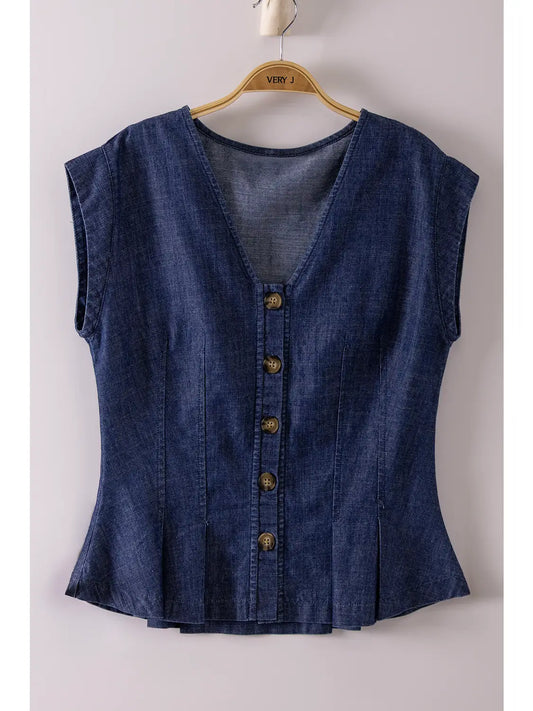 Pleated Washed Denim Vest