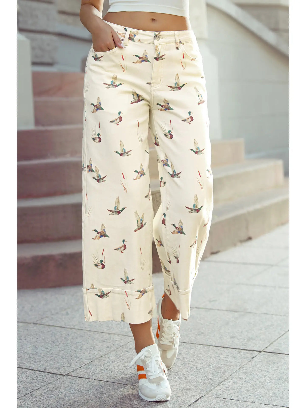 Mallard Duck Print Denim Wide Leg Pants