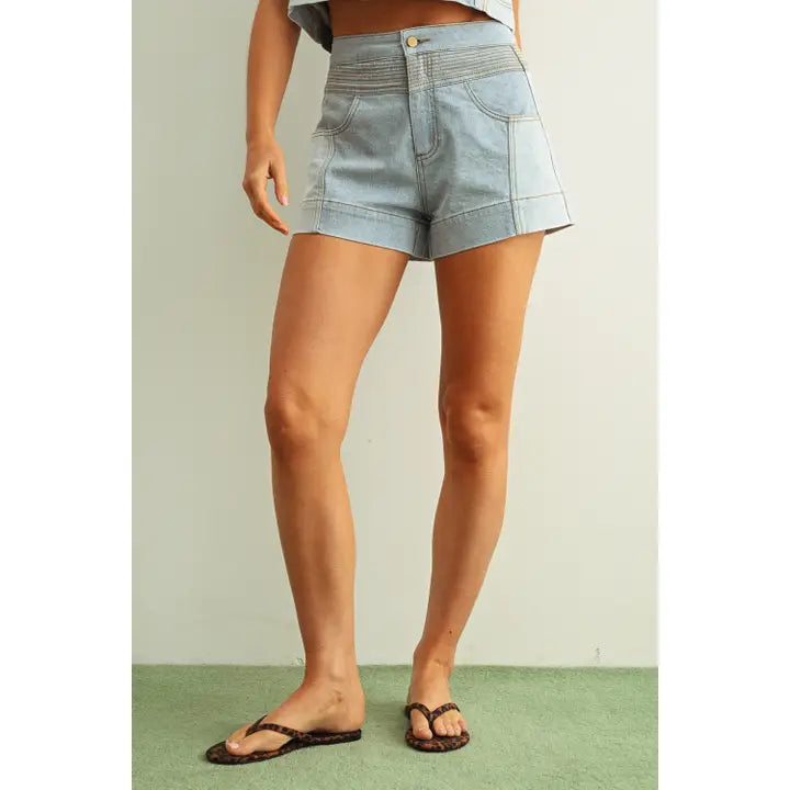 Denim Color Blocked Shorts