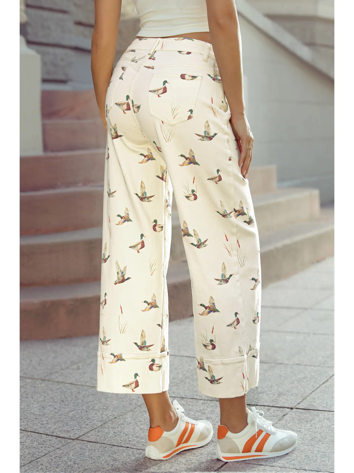 Mallard Duck Print Denim Wide Leg Pants
