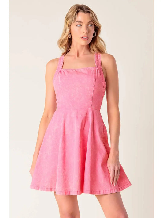Acid Washed Woven Mini Dress (Pink)