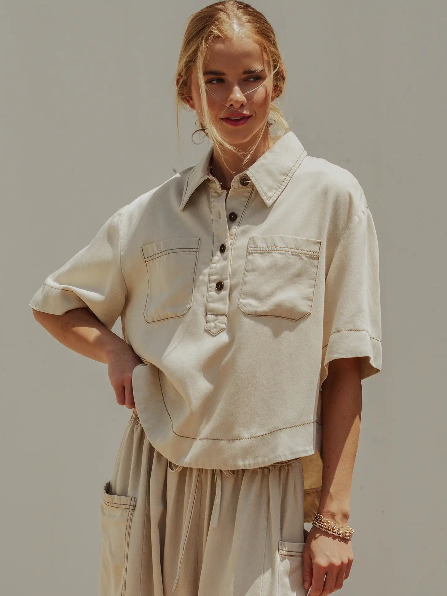 Washed Denim Cropped Utility Shirt