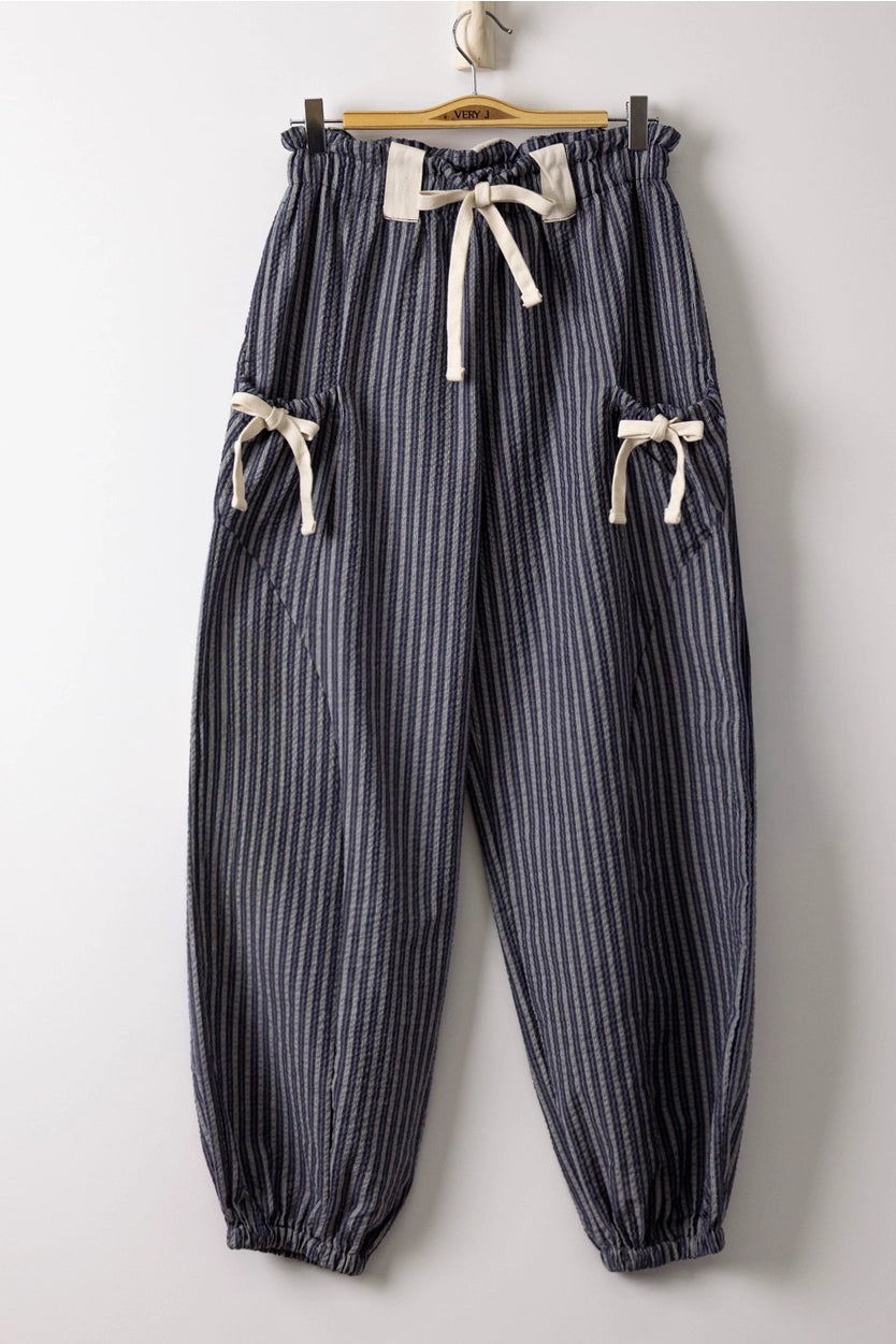 Bow Detail Stripe Textured Woven Pants