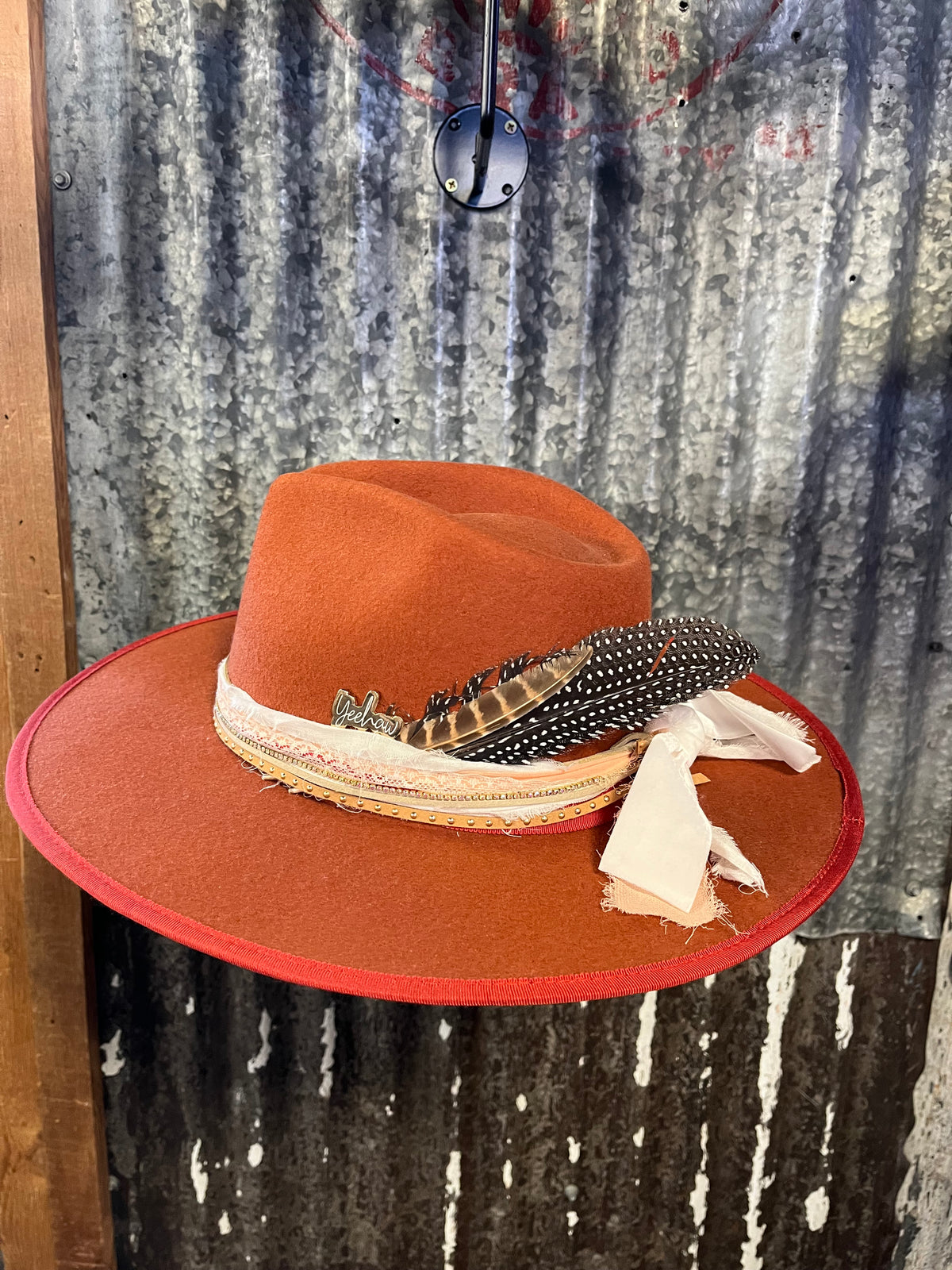 Burnt Orange Feather Hat Kendall Co