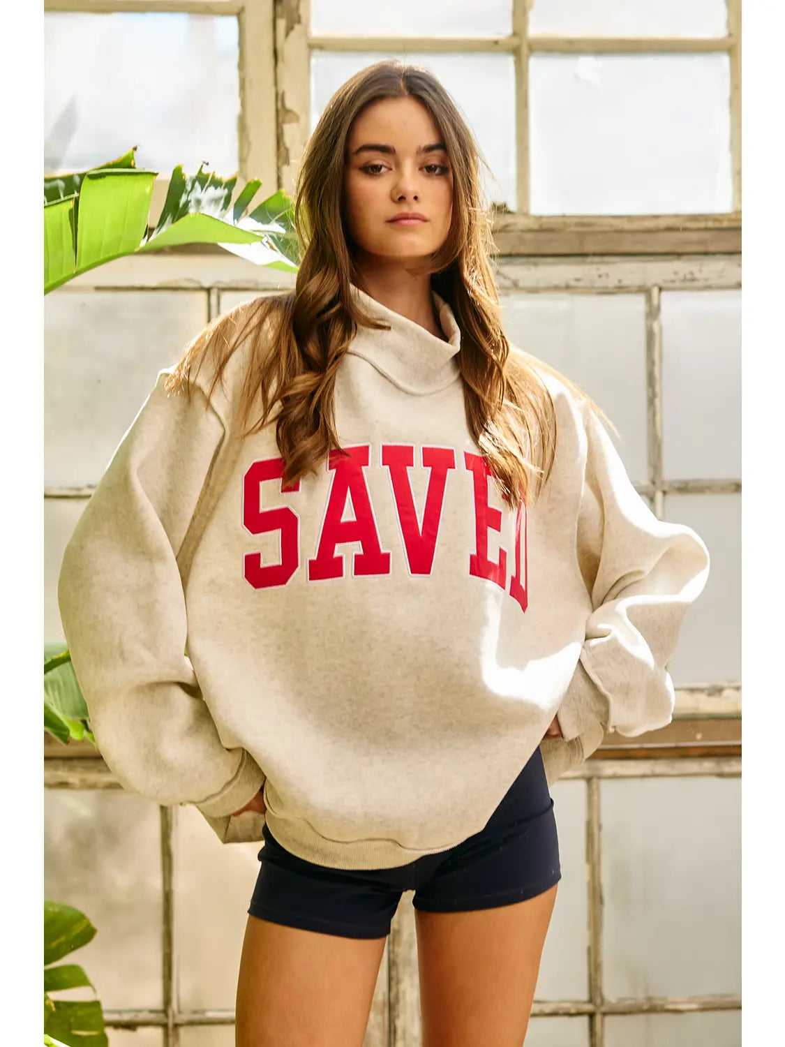 Embroidered Saved Mock Neck Sweatshirt