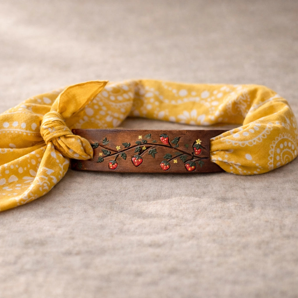 Western Leather Bandana Slide- Hand Painted Strawberry Vine