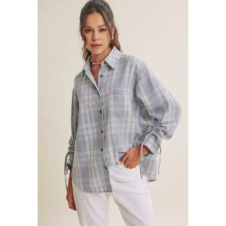 Fall Plaid Ruched Sleeves Button-Down Shirt