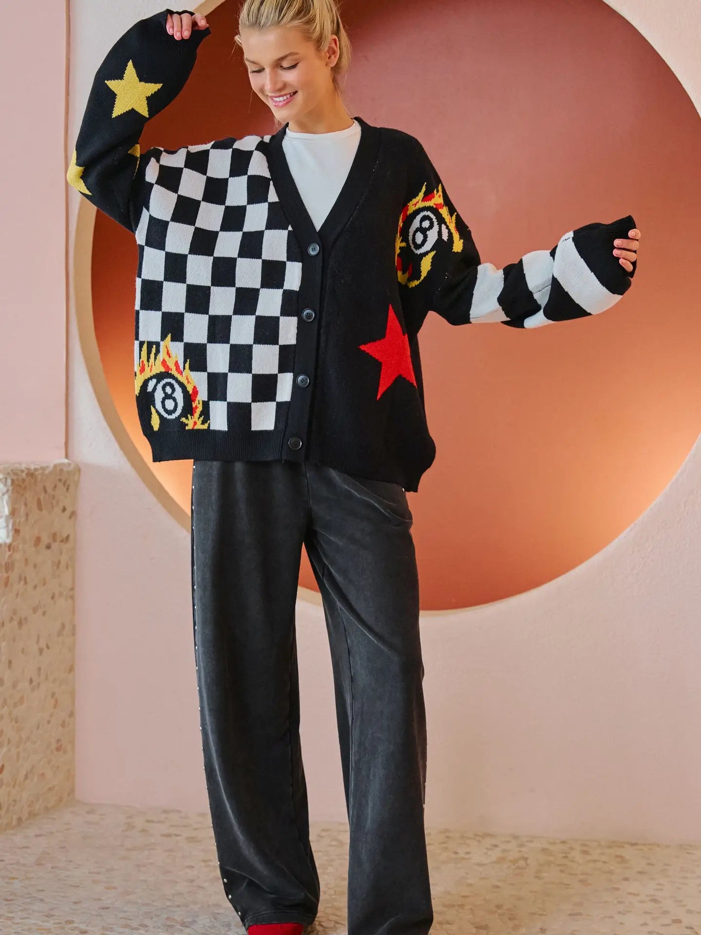 Checker 8 Ball Graphic Knit Cardigan