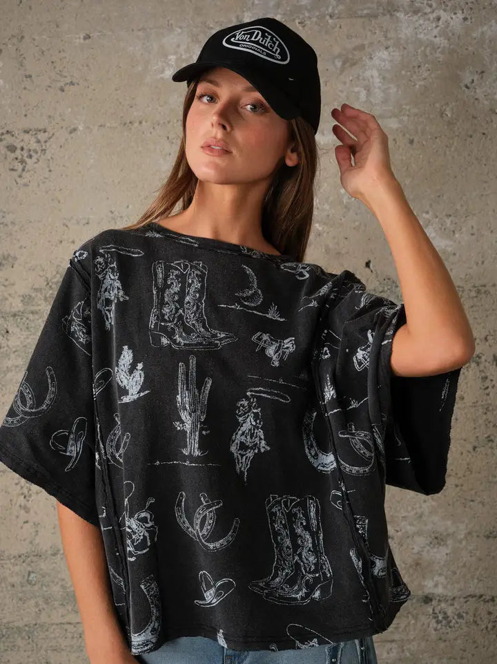 Western Cowboys Print Oversized Knit Top