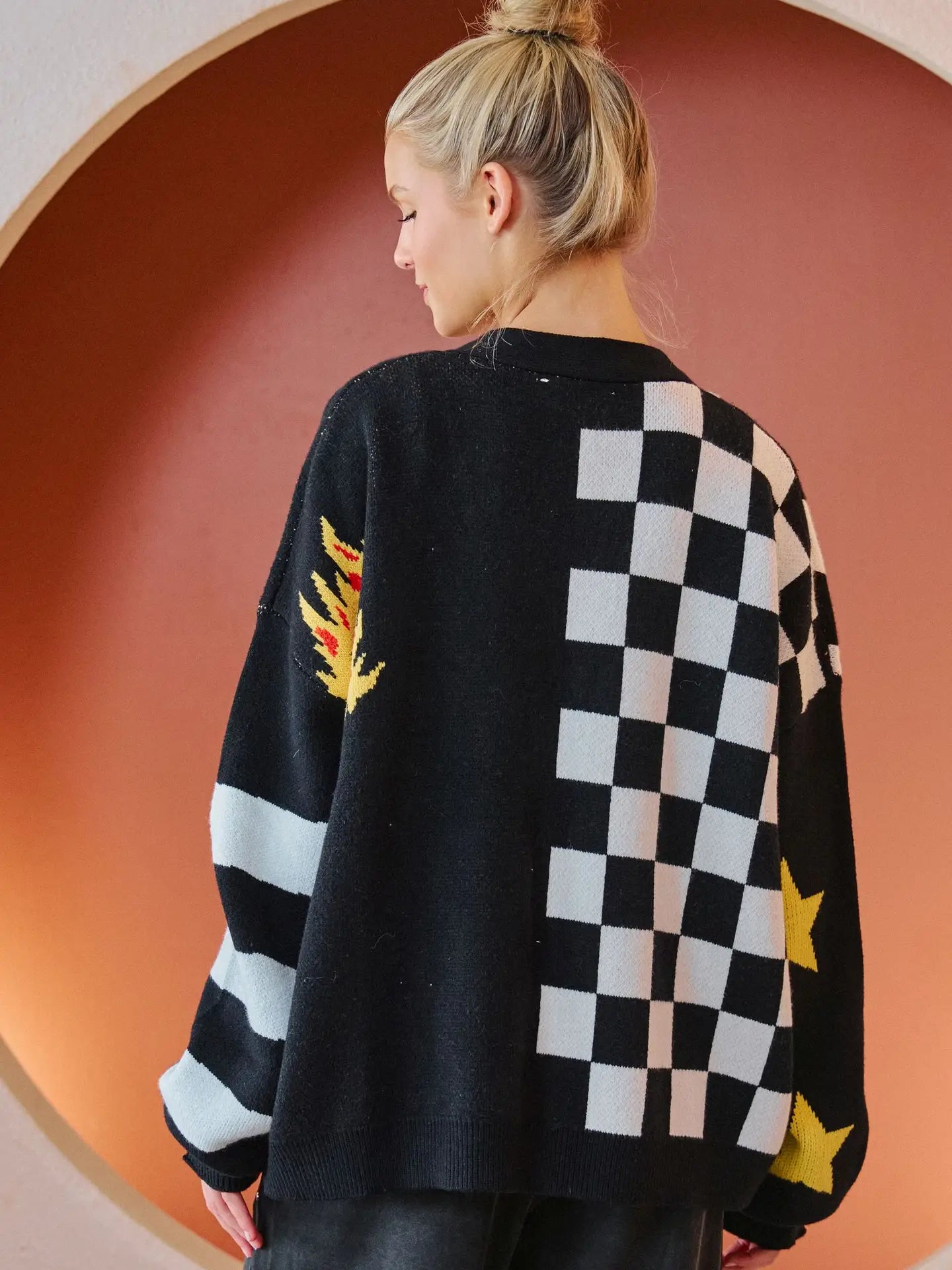 Checker 8 Ball Graphic Knit Cardigan