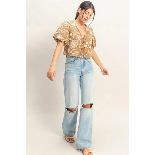 Floral Embroidered Tie Front Top