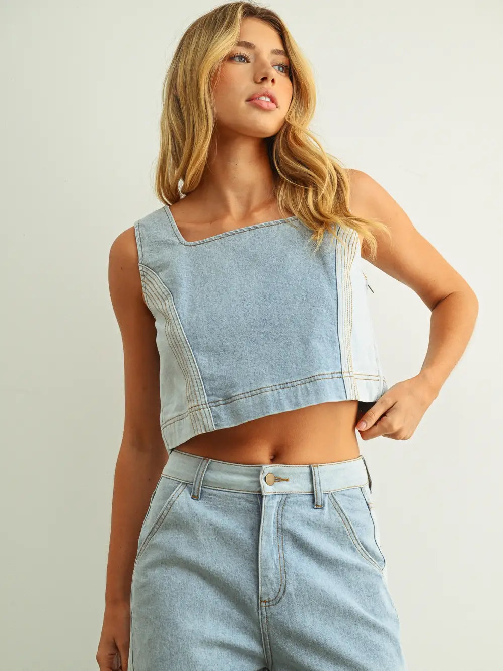 Denim Color Blocked Sleeveless Top