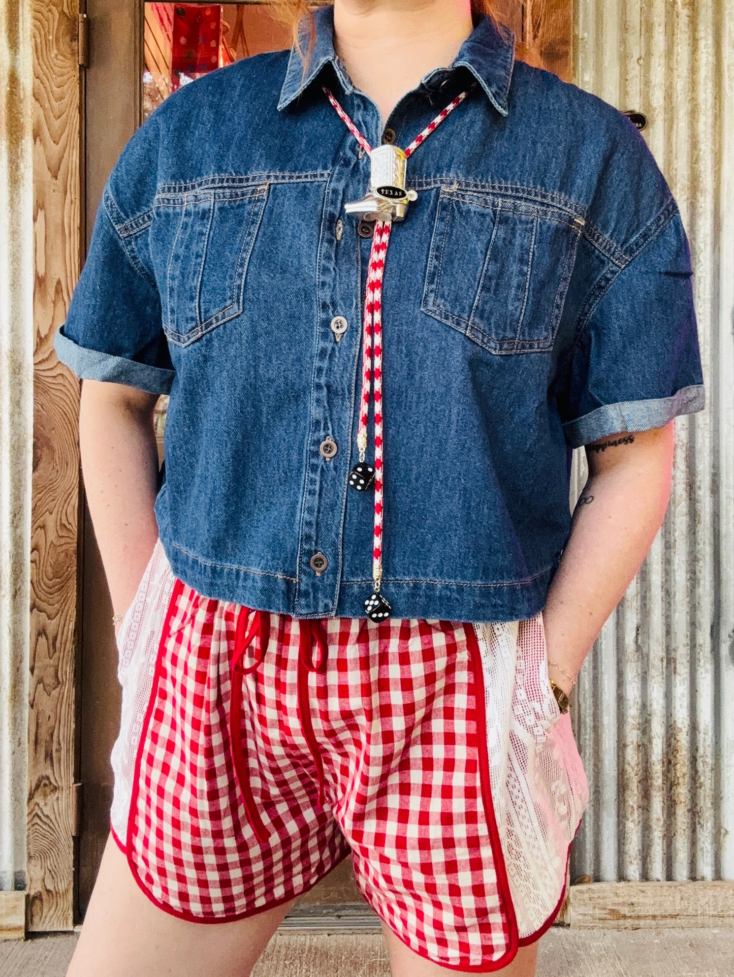Gingham Shorts with Floral Lace