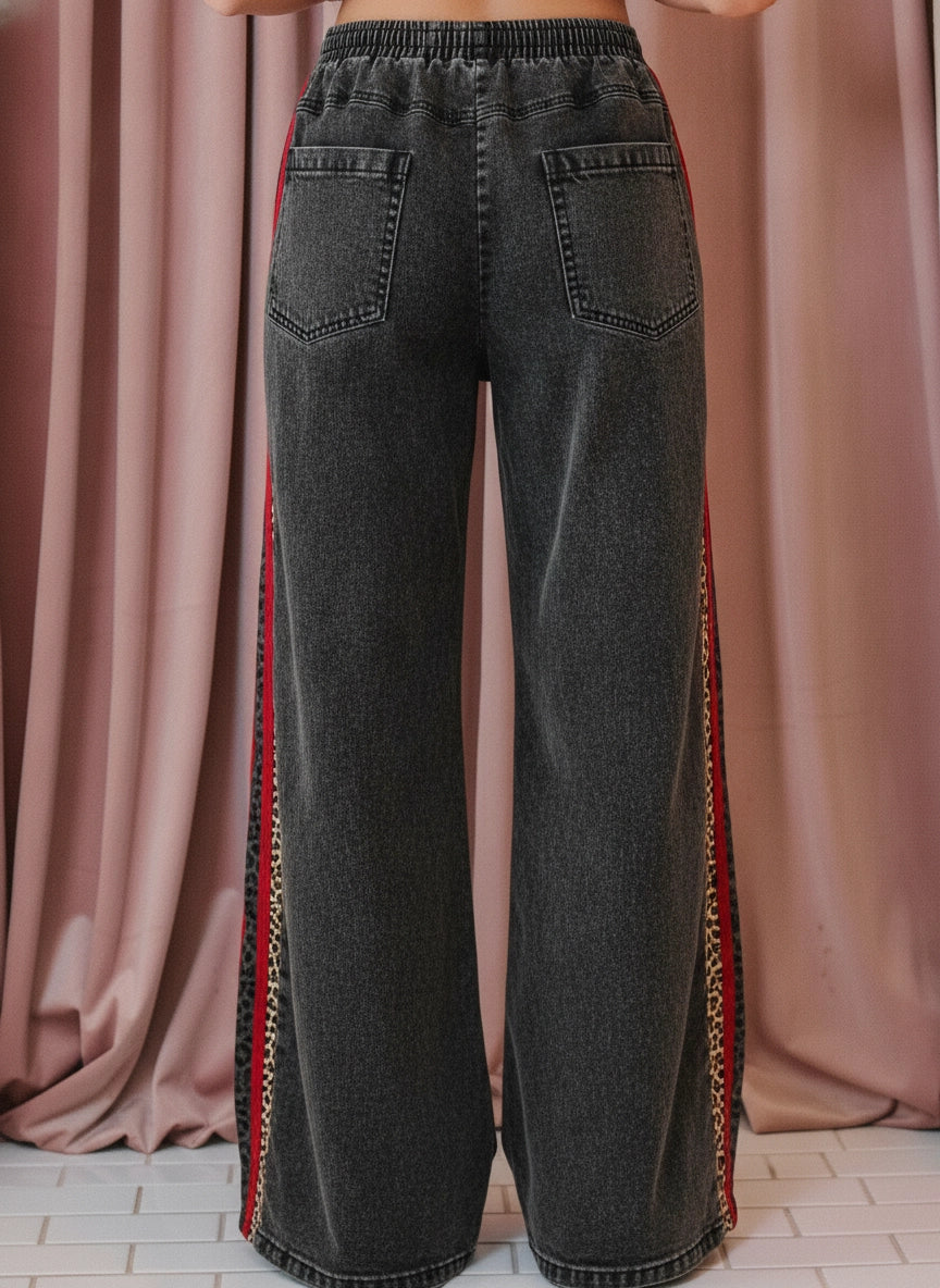 Leopard Side Stripe Denim Wide Leg Pants