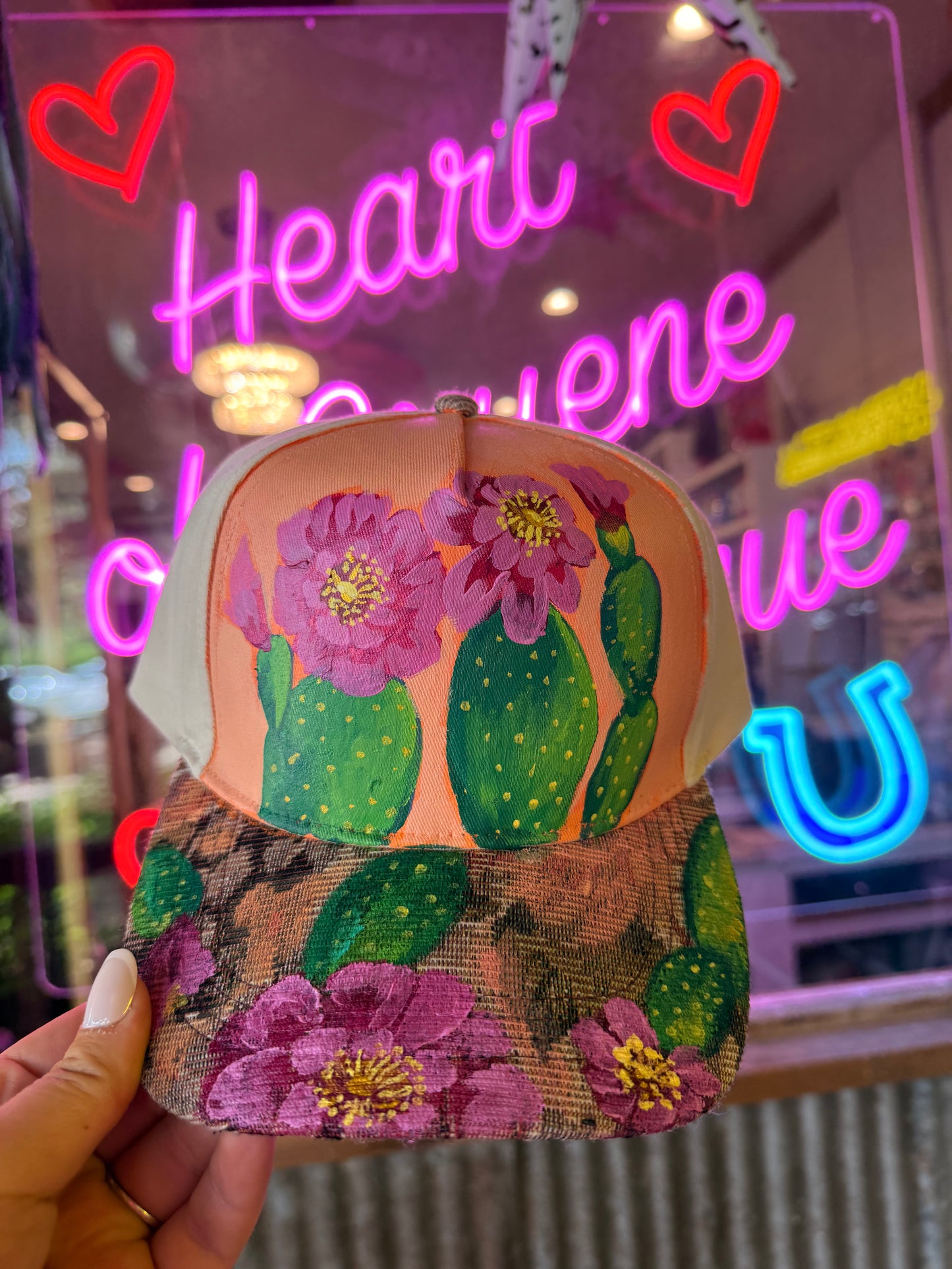 Hand Painted Floral Cactus Trucker Hat