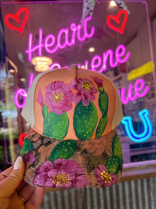 Hand Painted Floral Cactus Trucker Hat