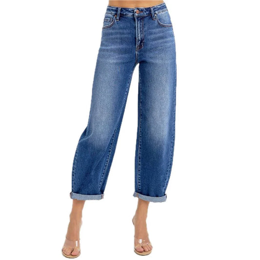 High Rise Crop Mild Barrel Cuffed Jeans