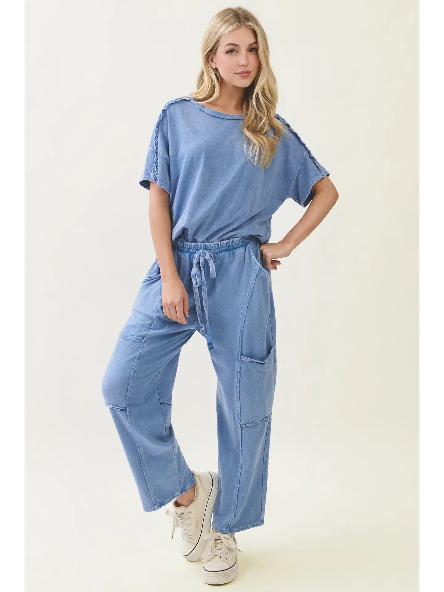 Mineral Washed Trim Detailed Short Sleeve Blouse
