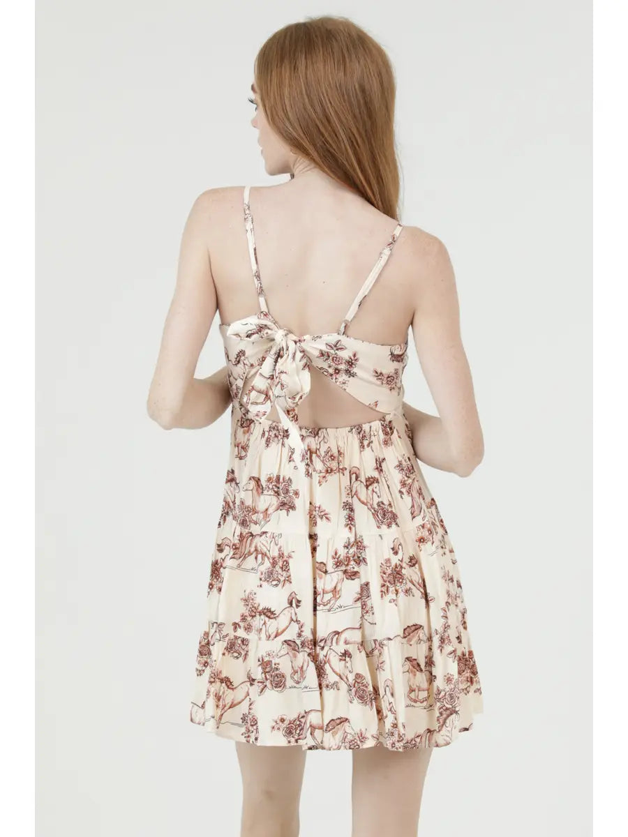 V Neck Horse Print Open Tie Back Sundress