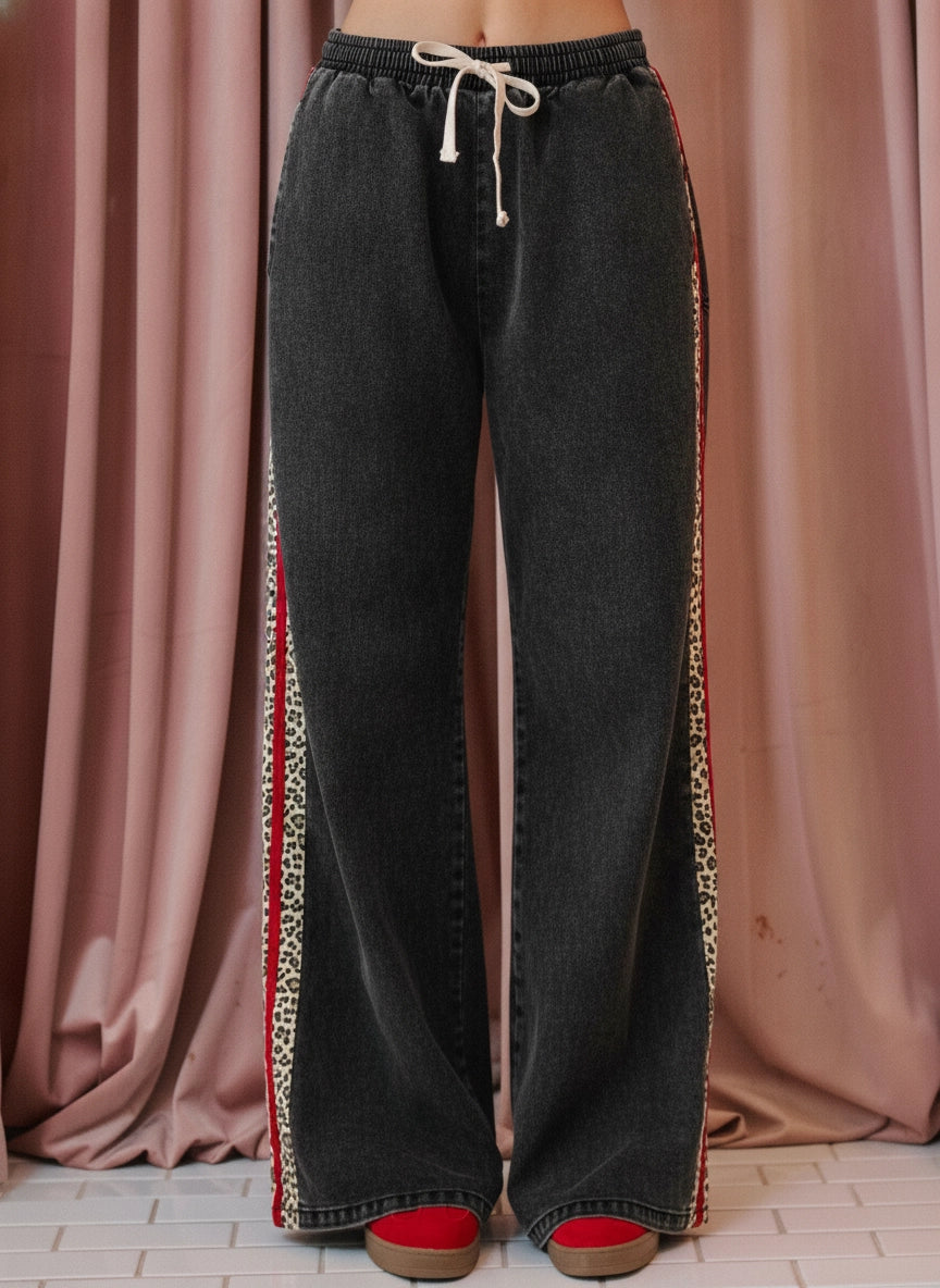 Leopard Side Stripe Denim Wide Leg Pants