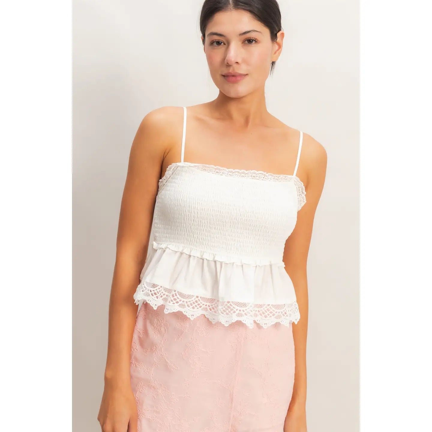 Smocked Peplum Top with Lace Trim