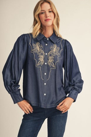 Embroidered Button Down Chambray Shirt