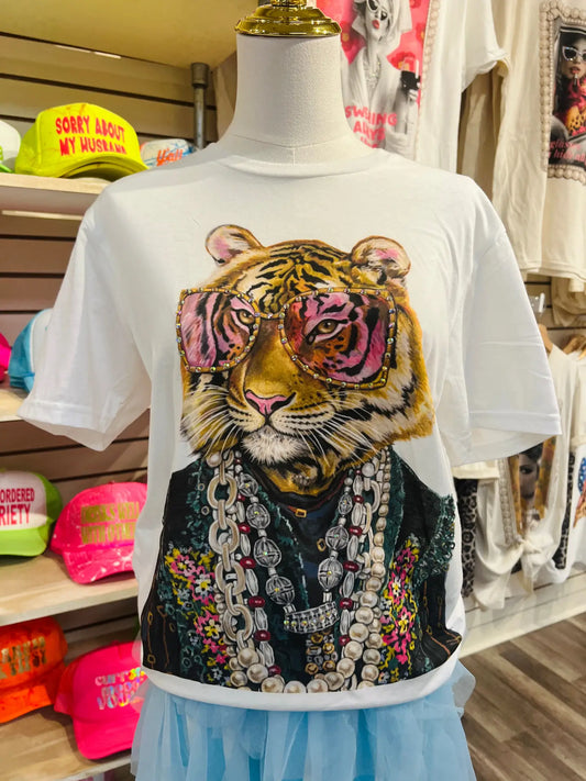 Funky Tiger Cream Graphic Tee with Bling