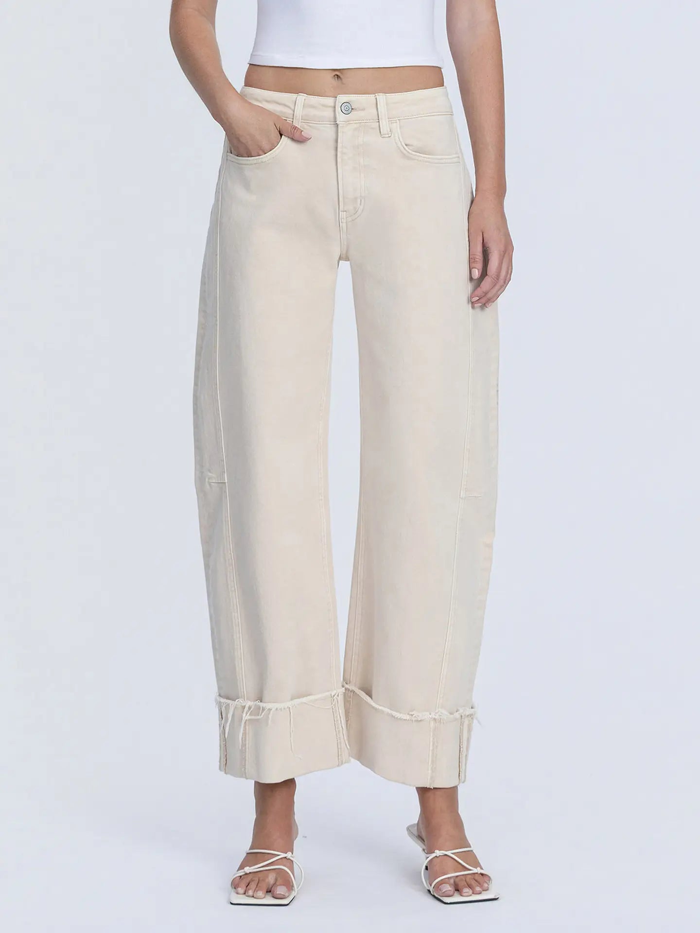 High Rise Beige Barrel Jeans