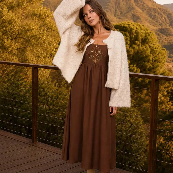 Embroidery Detail Midi Brown Dress