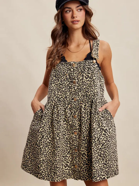 Cheetah Print Button Front Overall Dress
