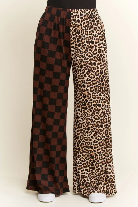Split decision checkered leopard pants