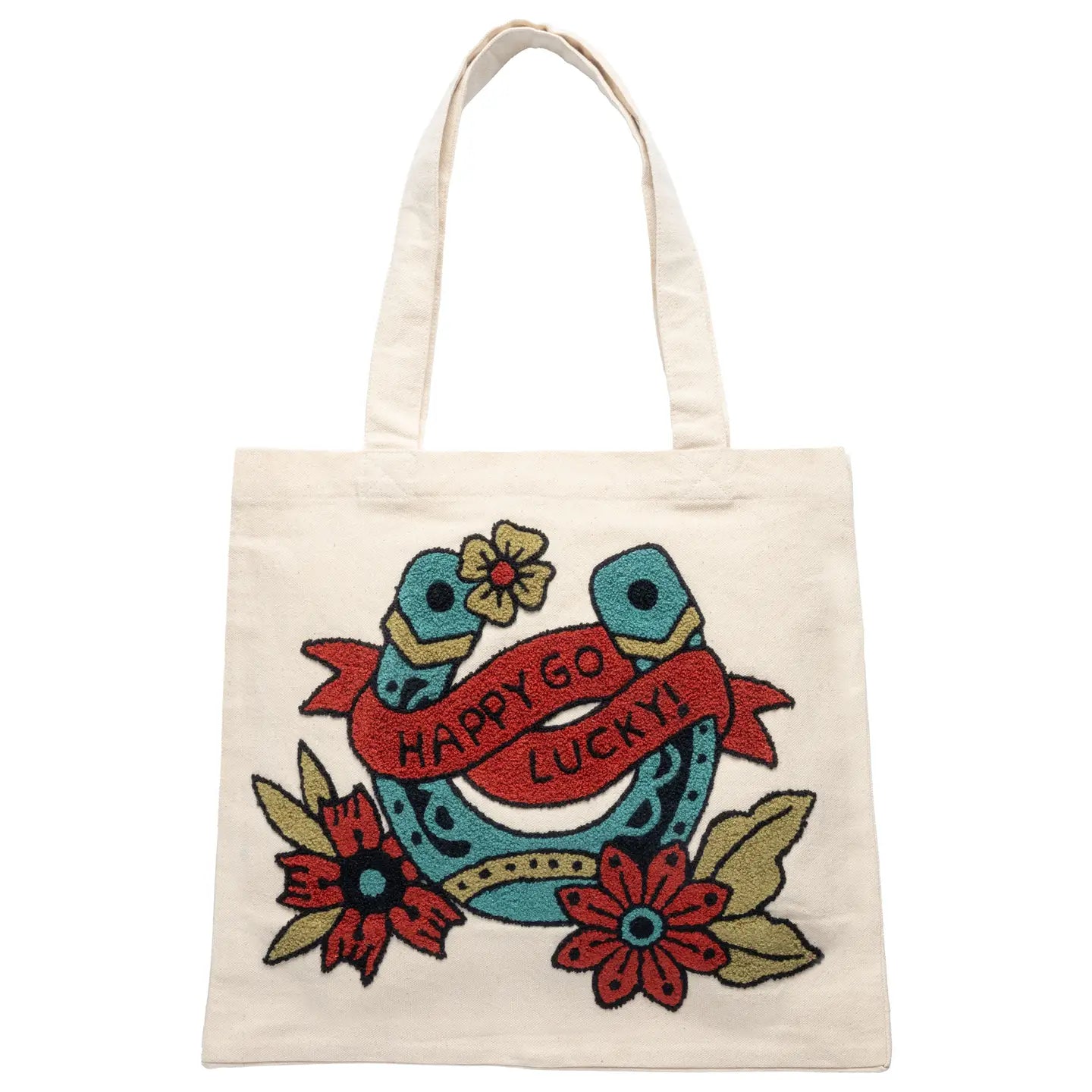 Happy Go Lucky Embroidered Canvas Tote