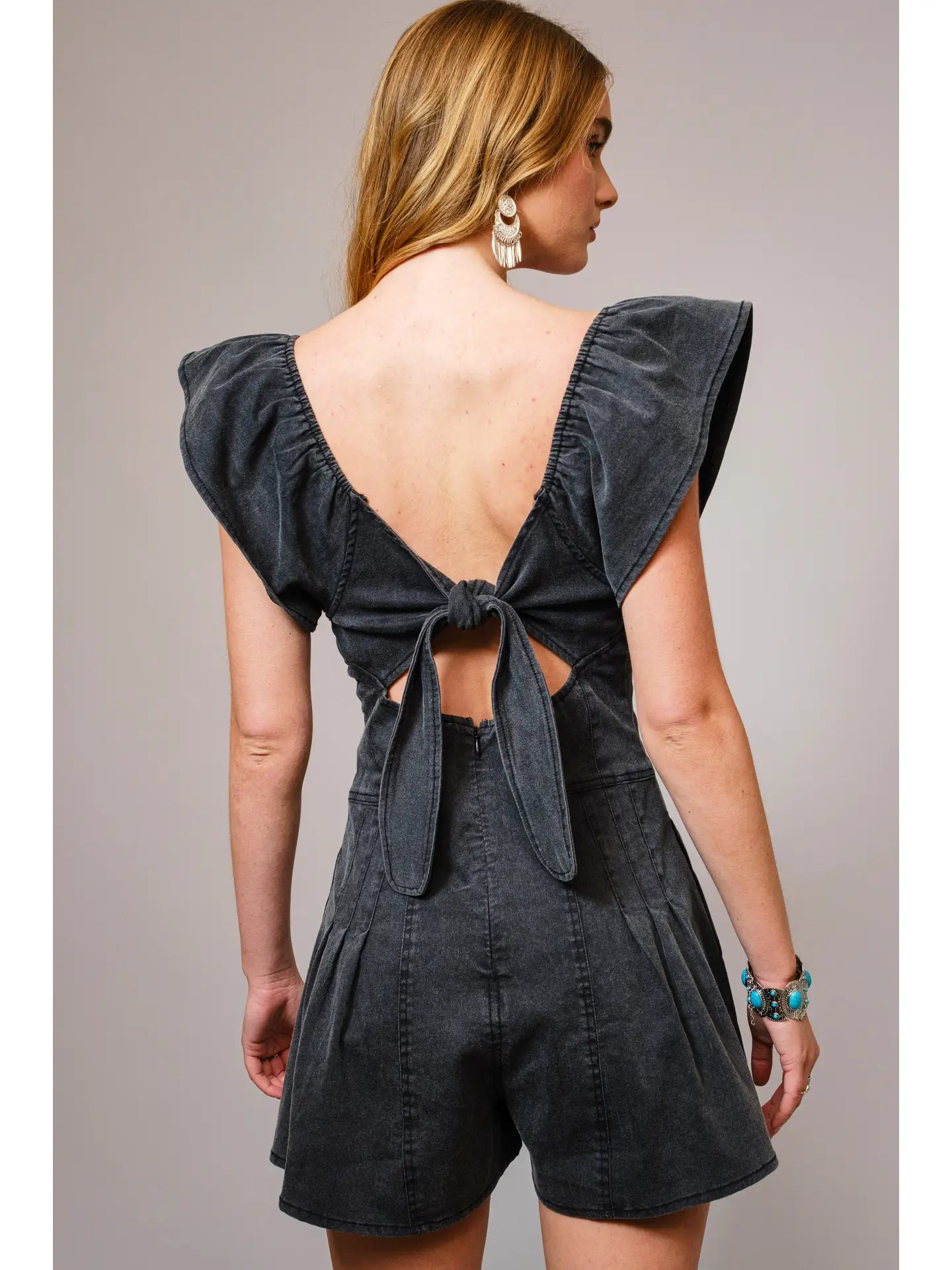 Sweetheart Ruffle Sleeve Denim Romper